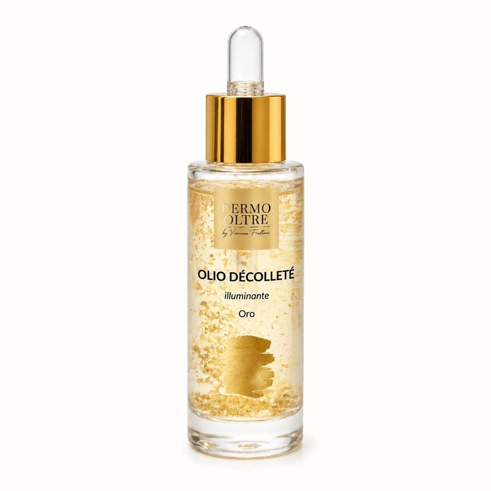 Olio décolleté Dermoltre: boccetta di vetro trasparente con pipetta dorata, con pepite d'oro visibili nel fondo.
